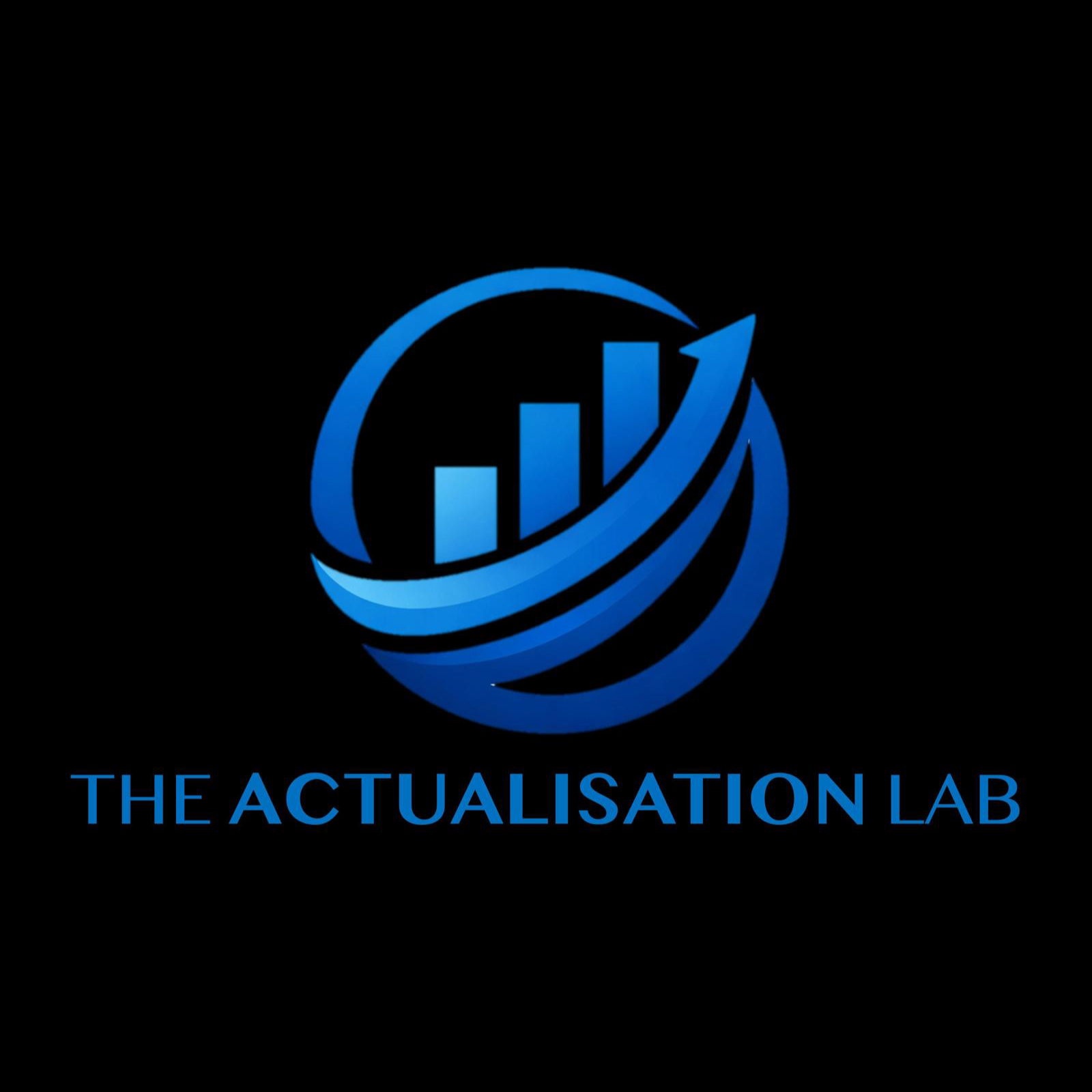 Logo for The Actualisation Lab featuring a blue circular design with three ascending bar chart shapes and a curved upward arrow, symbolizing growth and progress, alongside the company name in bold capital letters.
